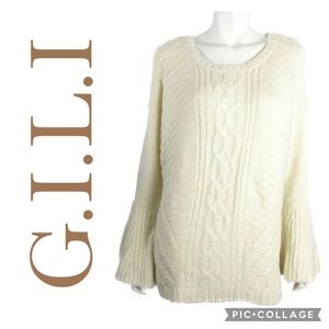 G.I.L.I Cable Knit Cold Shoulder Sweater With Bell Sleeves In Vanilla Cream